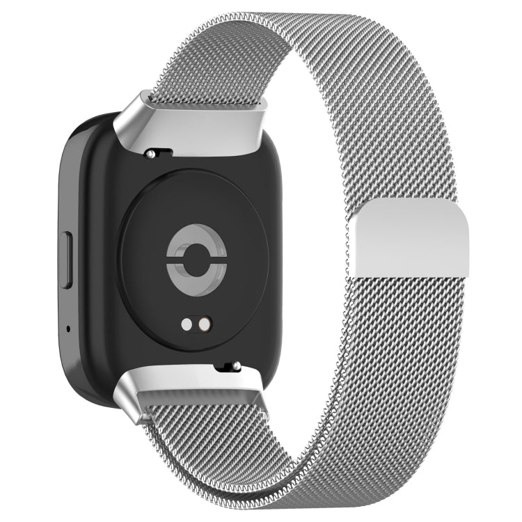 Silver magnetic steel mesh watch band with clasp and attachment points