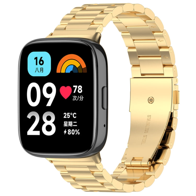 Three-bead metal watch band in gold-tone, with metal clasp and linked rows.