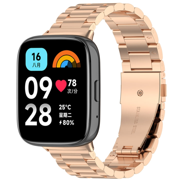 Rose gold three-bead stainless steel watch band with secure clasp for watch case