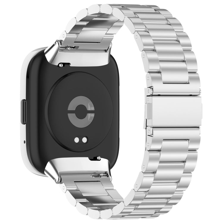Three-bead watch band in silver-tone with quick-release end pieces and curved links.