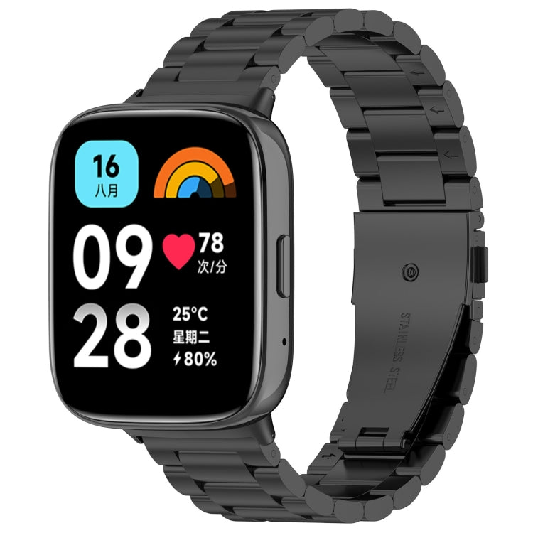 Three-bead metal watch band in black with metal clasp and staggered link segments.
