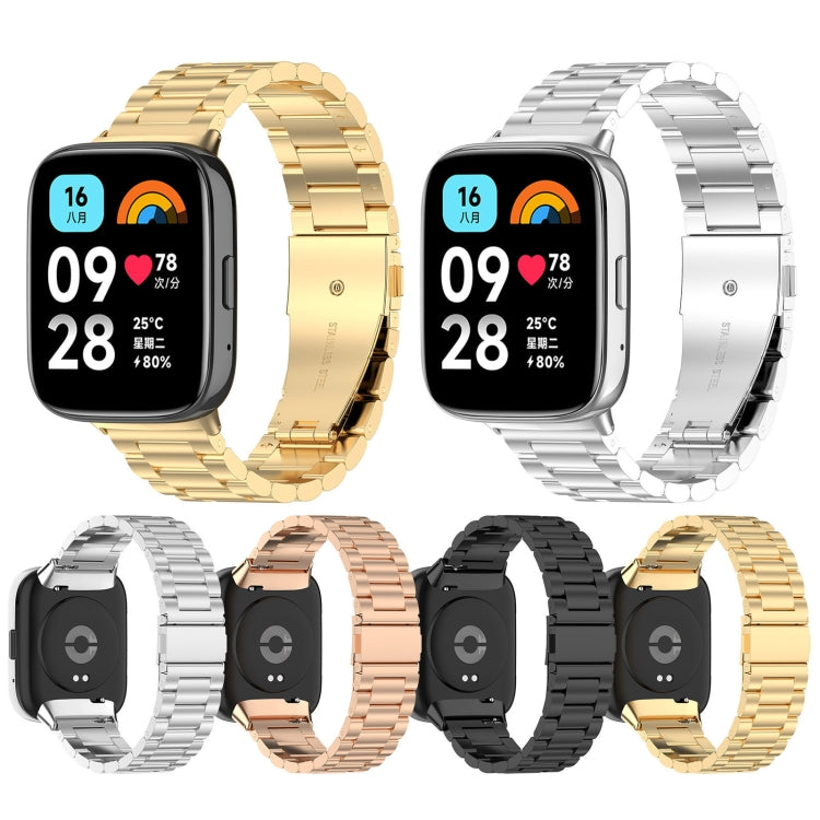 Set of stainless steel watch bands: gold, silver, rose gold, and black three-bead links