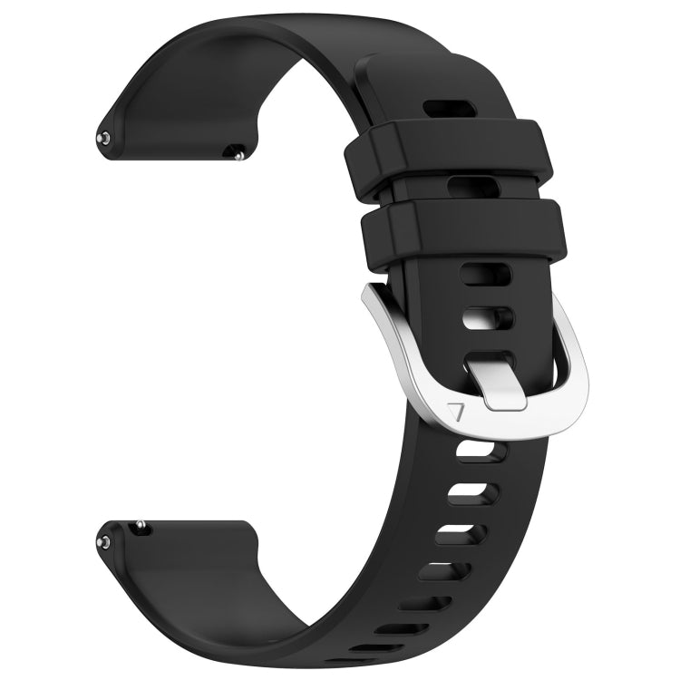 Black silicone watch band with silver-tone buckle and vented strap hole pattern