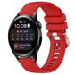 Red silicone watch band with glossy buckle and perforated strap, smartwatch attached
