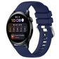 Navy blue silicone watch band with glossy buckle and perforated strap, smartwatch attached