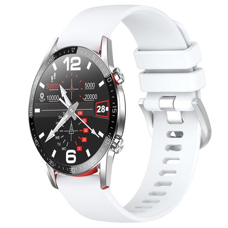 Silicone watch band with silver buckle, white color, for smartwatch.