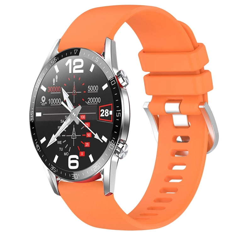 Silicone watch band with silver buckle, orange color, for smartwatch.