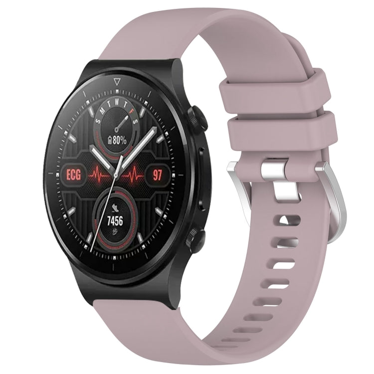 Silicone watch band with silver buckle, lavender/purple color, for smartwatch.