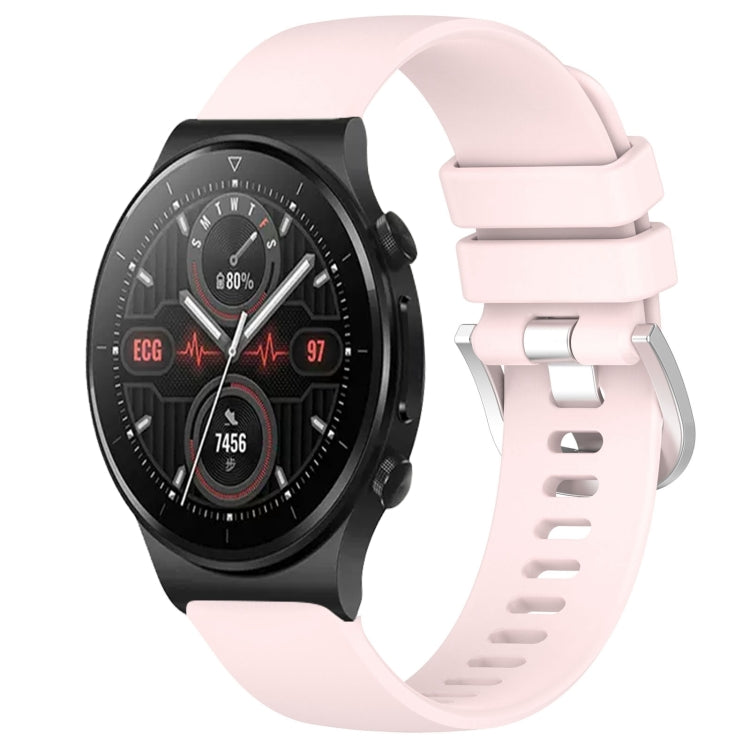 Silicone watch band with silver buckle, light pink color, for smartwatch.