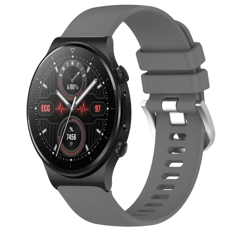 Silicone watch band with silver buckle, dark gray color, for smartwatch.