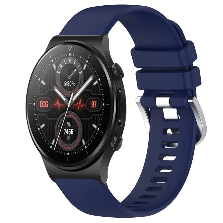 Silicone watch band with silver buckle, dark blue color, for smartwatch.
