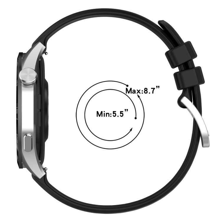 Black silicone watch band side view with silver clasp and adjustable pin holes.