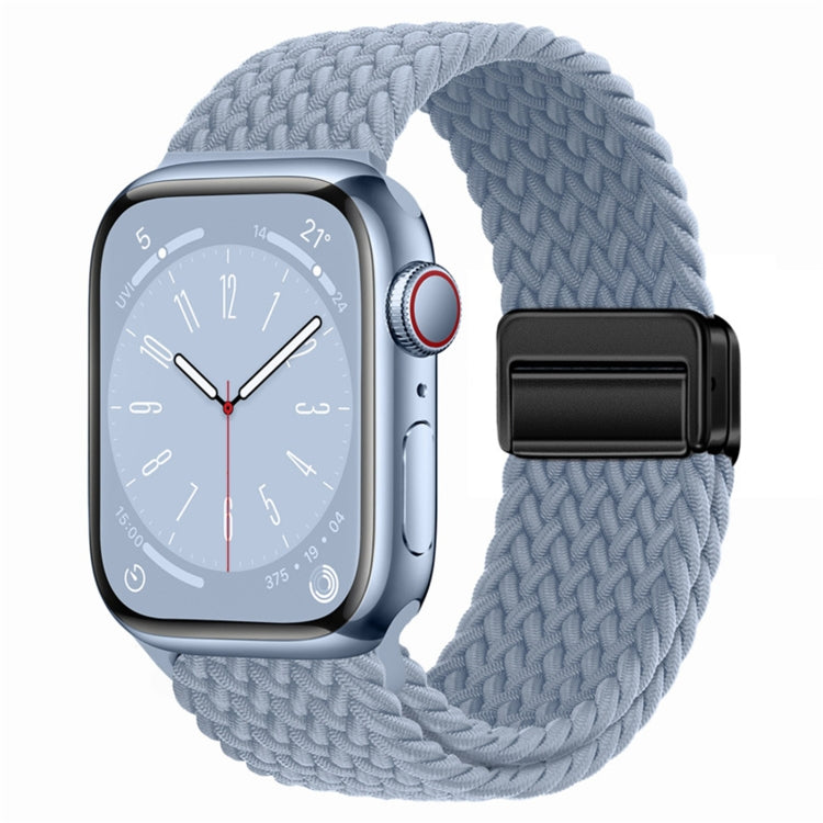 Nylon woven magnetic watch band with light blue braided strap and black rectangular buckle