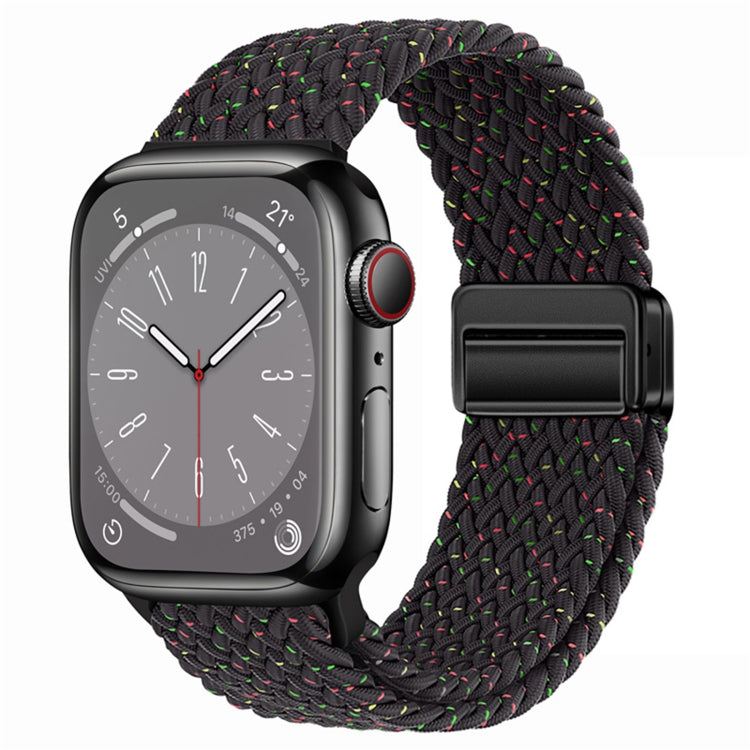 Nylon woven magnetic watch band with fold buckle, black and multicolor braid pattern