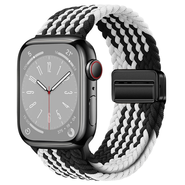 Nylon woven magnetic watch band with black and white striped braided strap and black buckle