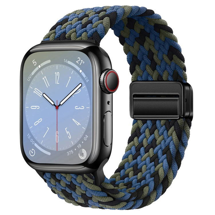 Woven nylon magnetic fold buckle watch band with multicolor blue and green weave