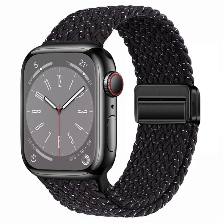 Nylon woven magnetic fold buckle watch band, solid black braided strap with magnetic clasp