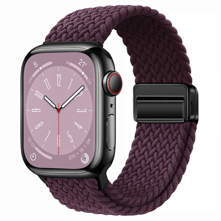 Purple woven nylon magnetic fold watch band with black buckle clasp for Apple Watch