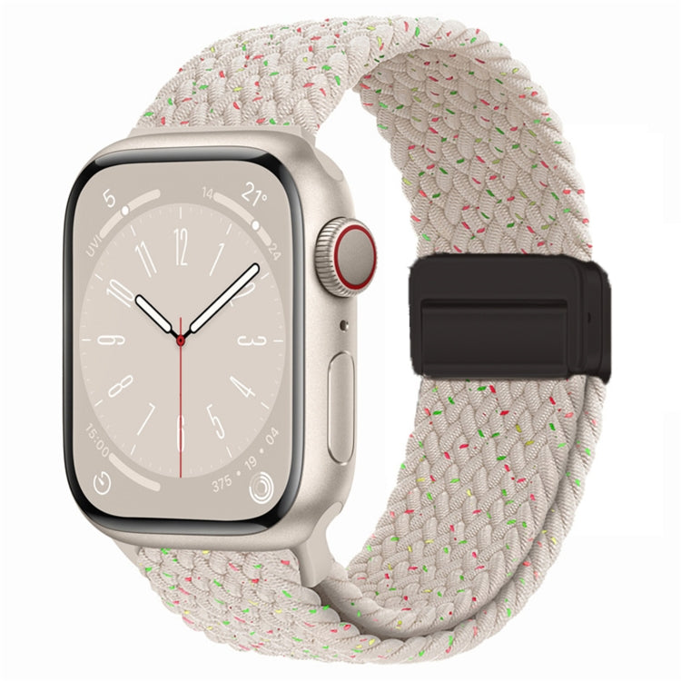 White woven nylon magnetic fold watch band with multicolor fleck and black buckle clasp