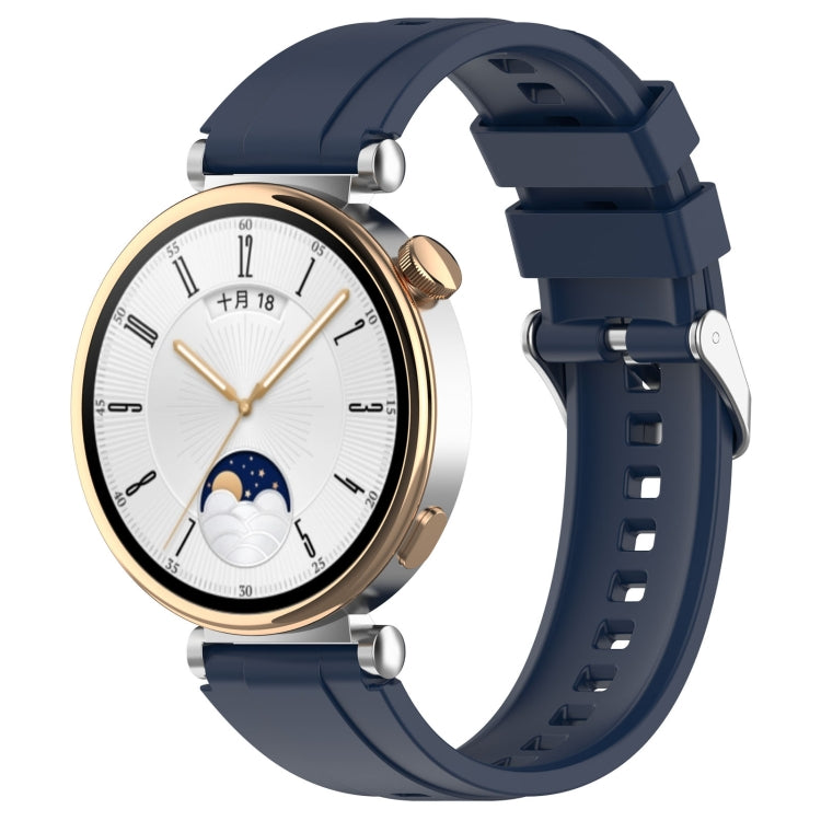 Silicone watch band with silver buckle, navy blue.