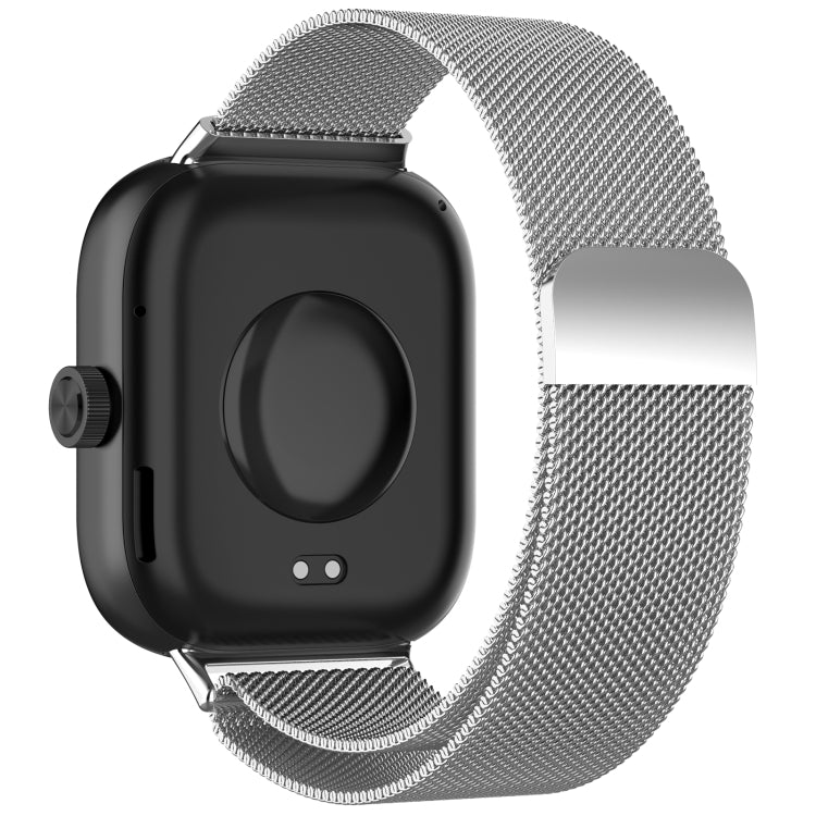 Magnetic steel mesh watch band in silver tone with black smartwatch body