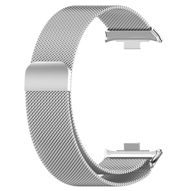 Magnetic steel mesh watch band in silver tone with arched clasp ends