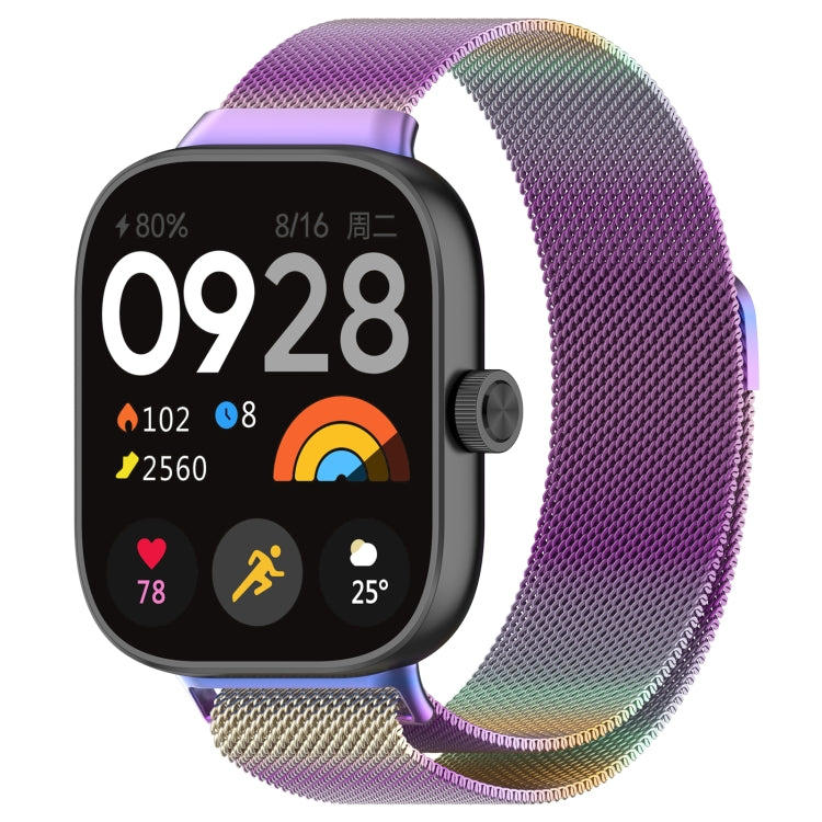 Magnetic steel mesh watch band with purple-to-blue iridescent finish