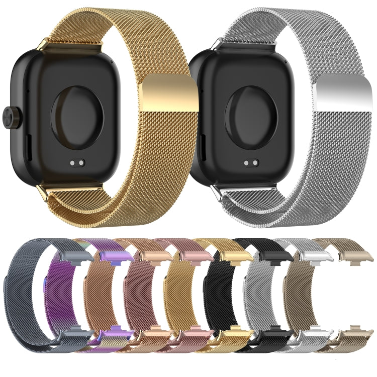Magnetic steel mesh watch band in gold and silver, shown with smartwatch cases
