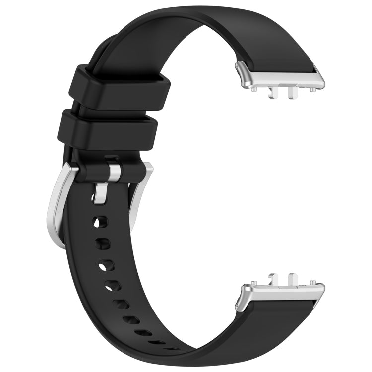 Black glossy silicone watch band with metal clasp pieces and strap perforations