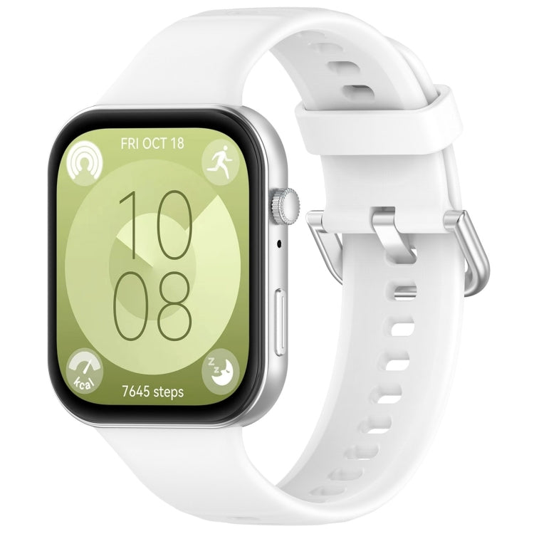 White silicone sports watch band with silver buckle, shown fitted to a watch
