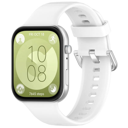 White silicone sports watch band with silver buckle, shown fitted to a watch