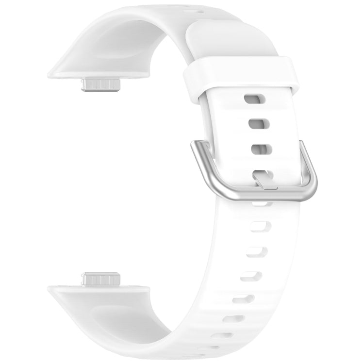 White silicone sports watch band with silver buckle and exposed watch connectors