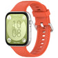 Orange silicone sports watch band with silver buckle, shown fitted to a watch
