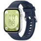 Midnight blue silicone sports watch band with silver buckle, shown attached to a smartwatch.
