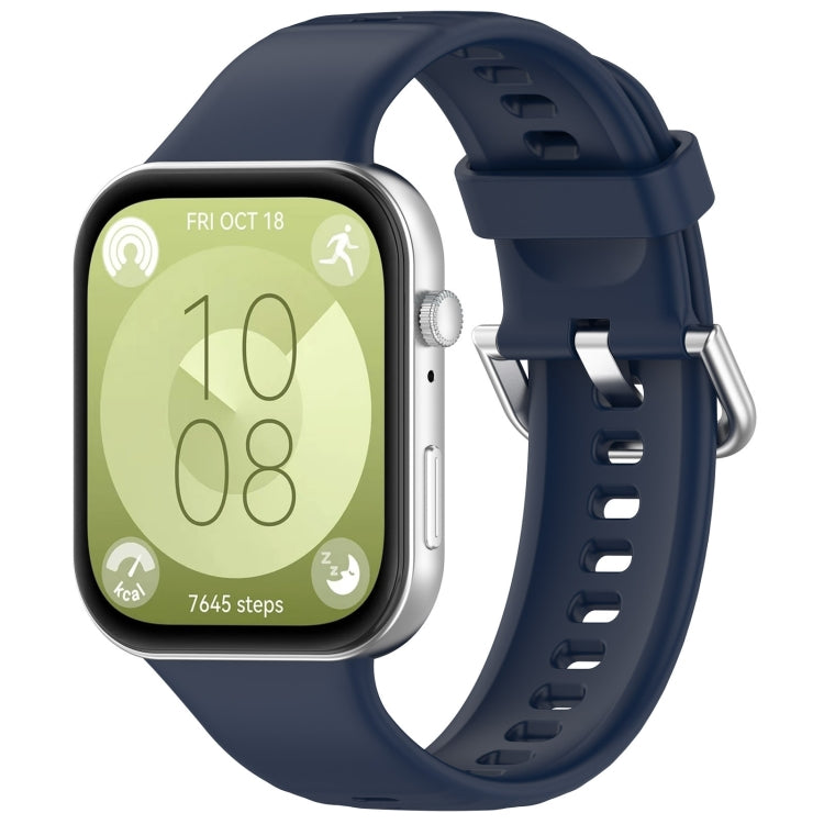 Midnight blue silicone sports watch band with silver buckle, shown attached to a smartwatch.