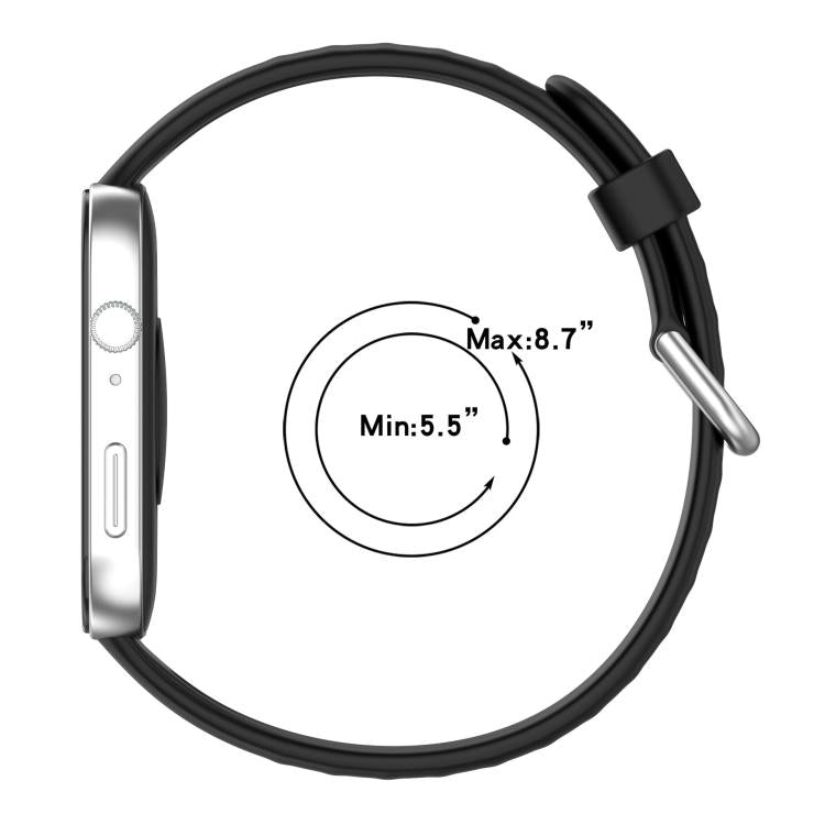 Black silicone sports watch band with silver buckle, showing an adjustable 5.5 to 8.7 inch fit.