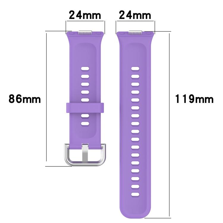 Purple silicone sports watch band pieces with silver buckle; 24 mm wide and 86 mm and 119 mm long.