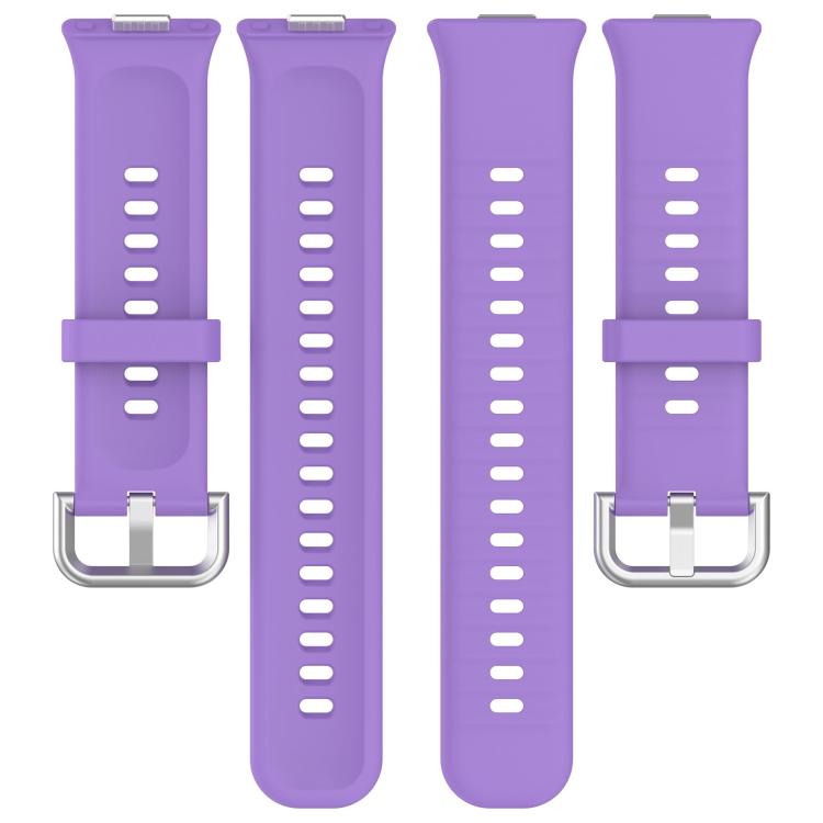 Purple silicone sports watch band pieces with adjustment holes and a silver buckle.