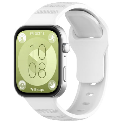 White silicone sports watch band with textured grip sections, shown attached to a smartwatch.