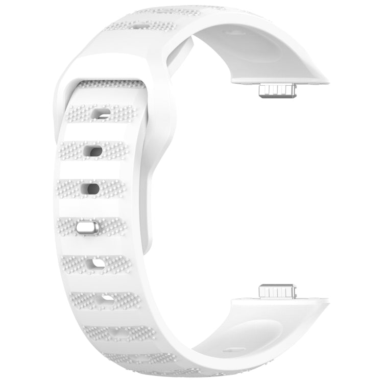 White silicone sports watch band with textured grip sections, adjustment holes, and connector ends.