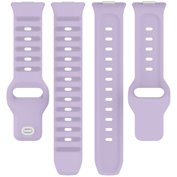 Lavender silicone sports watch band shown as four strap sections with adjustment holes.