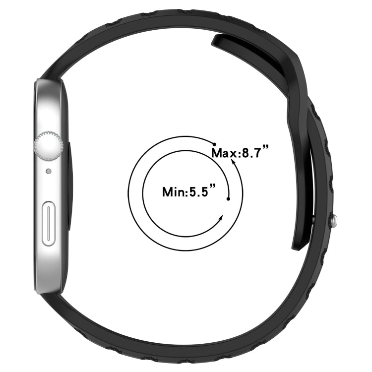 Black silicone sports watch band shown in profile, with a fit range of 5.5 to 8.7 inches.