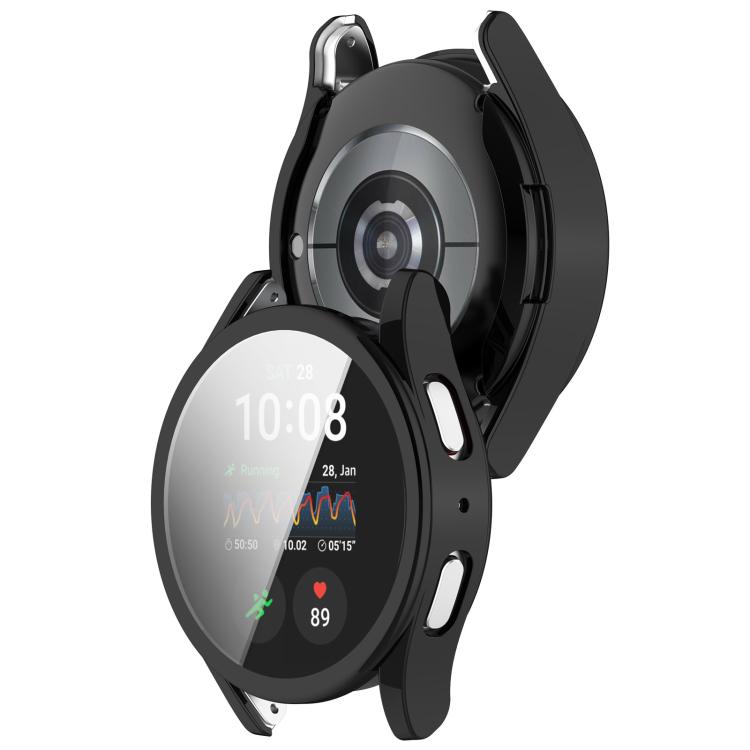 Black protective watch case shown fitted around a smartwatch