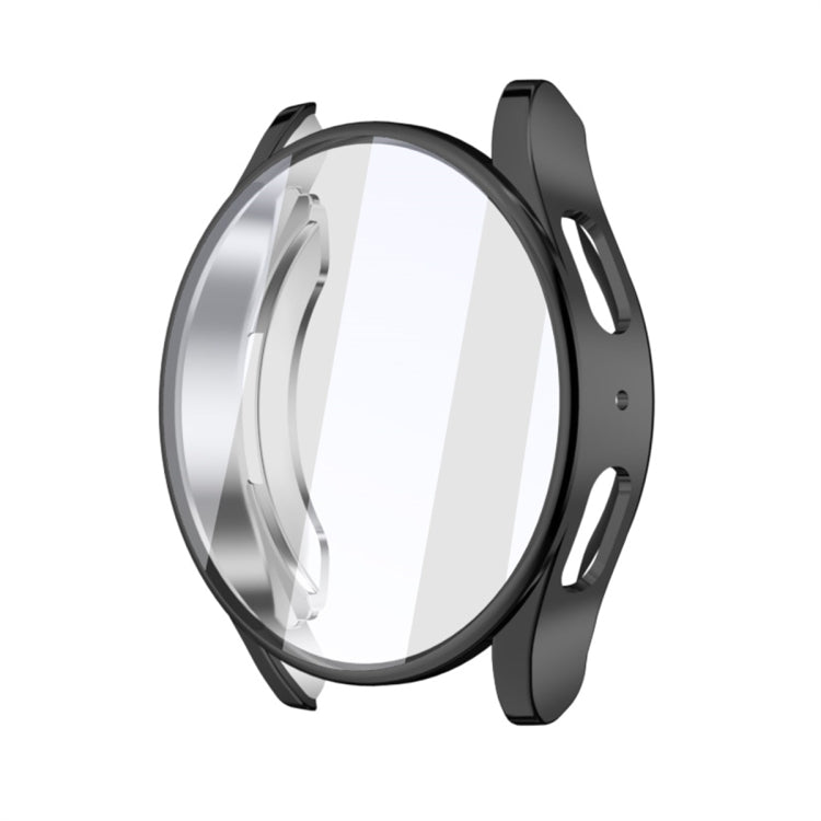 Gray electroplated watch case with a clear screen cover and side button openings