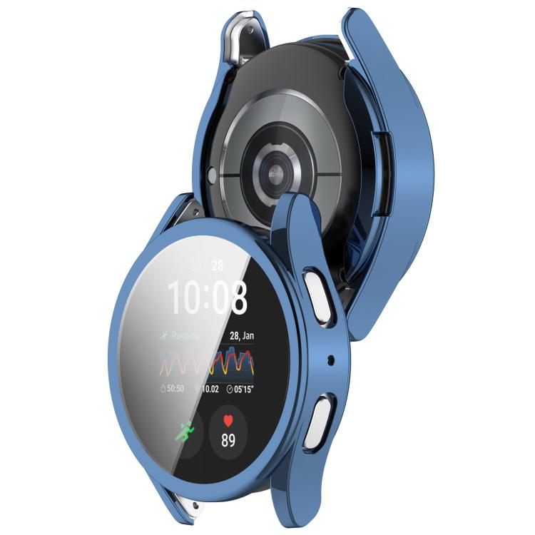Blue protective watch case shown fitted around a smartwatch