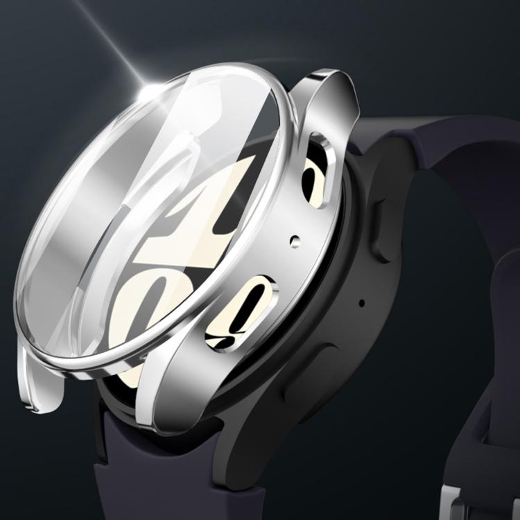 Silver watch case with a clear screen cover shown above a smartwatch