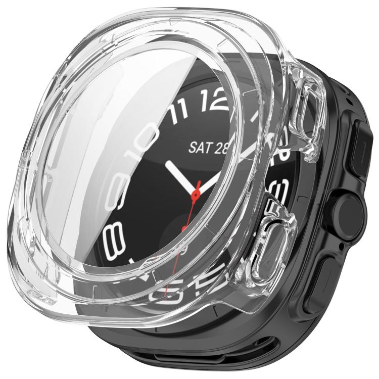 Clear waterproof watch case with integrated screen protector and covered side buttons