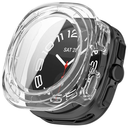 Clear waterproof watch case with integrated screen protector and covered side buttons