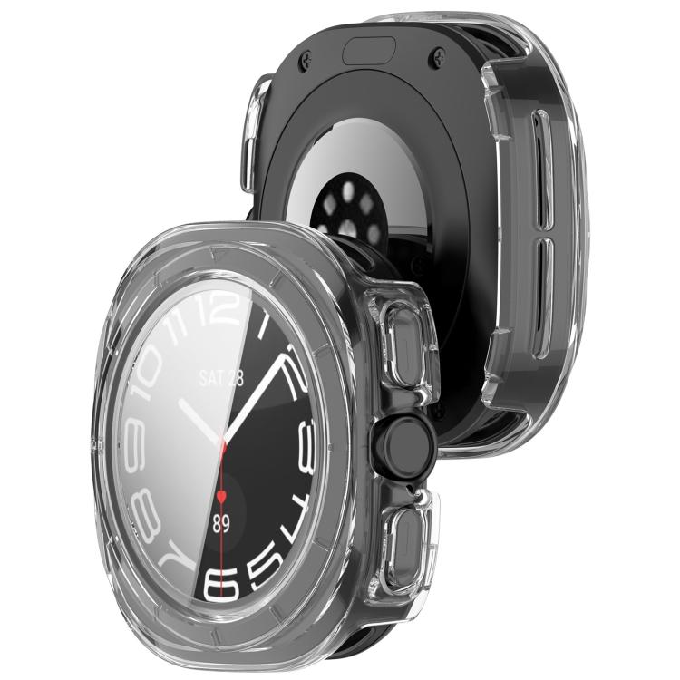 Clear watch case shown beside its open back, with integrated screen protector