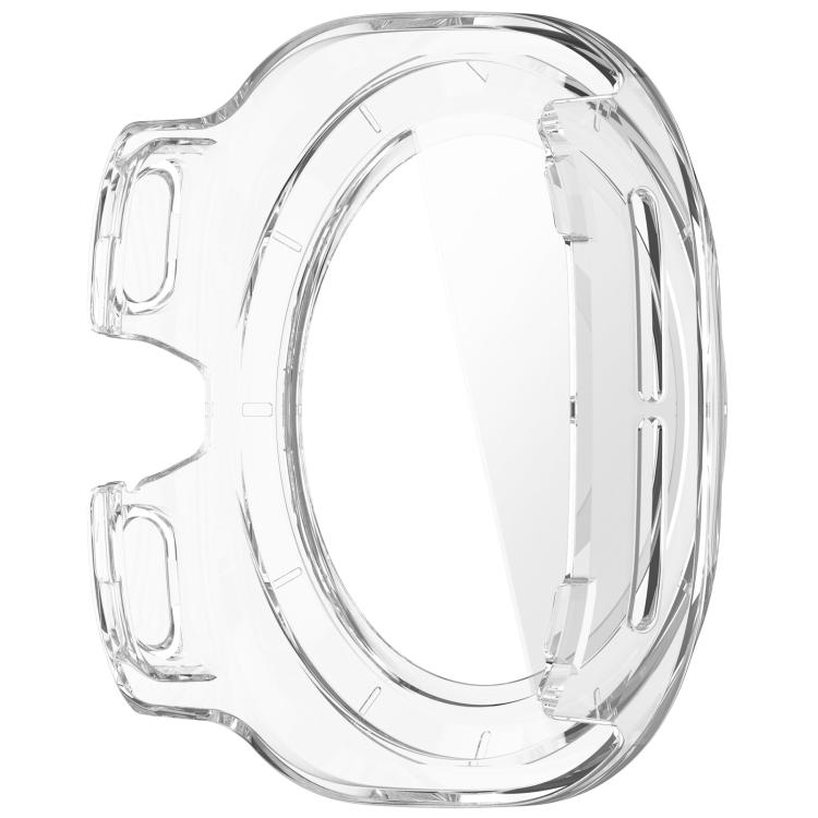 Rear view of clear protective watch case with raised rim and button openings